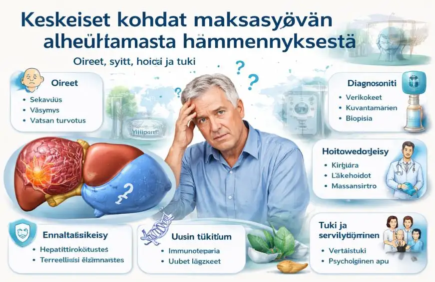 Keskeiset kohdat maksasyövän aiheuttamasta hämmennyksestä: Oireet, syyt, hoito ja tuki